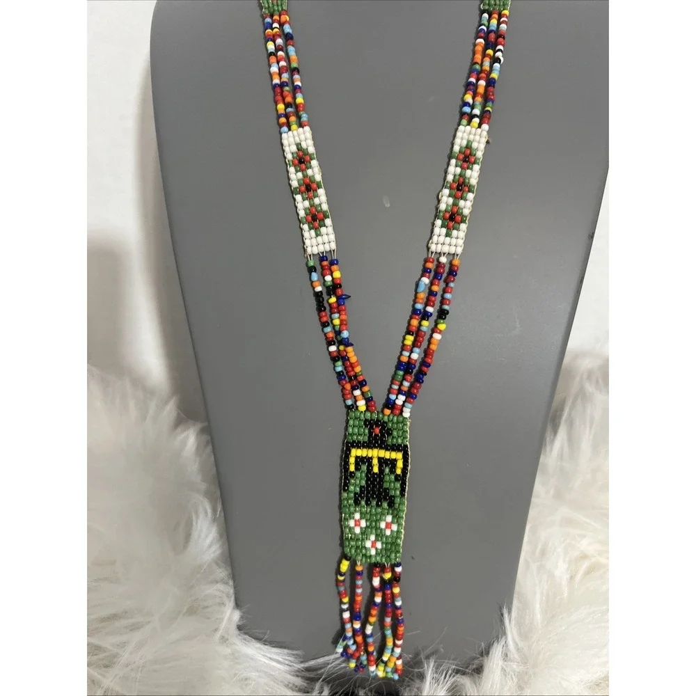 VTG Native American Handmade Seed Beaded Necklace Thunderbird Design Multicolor